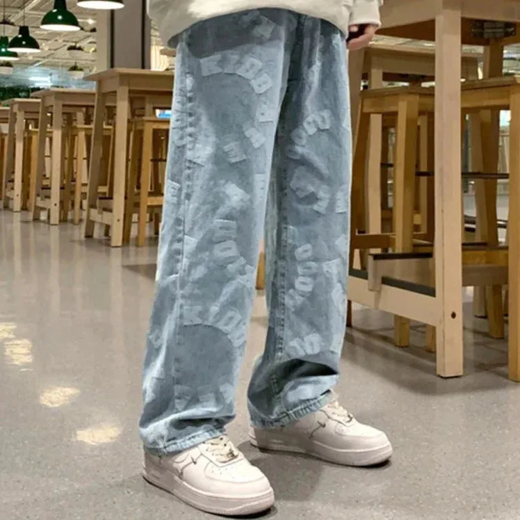 "LETTERS" Pantalon Jean Imprimé Coupe droite Ample Bleu Clair - URB1™
