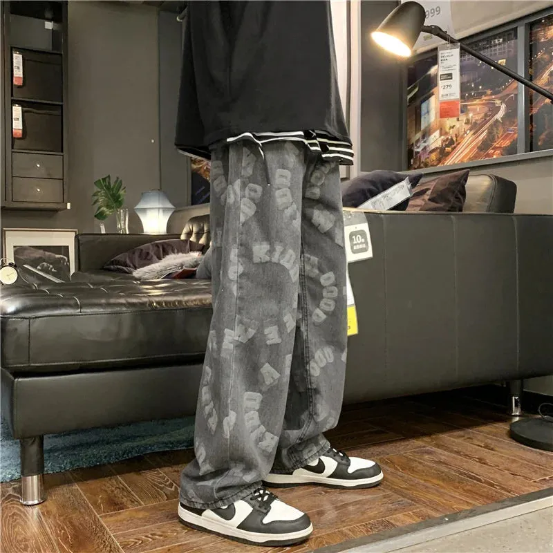 "LETTERS" Pantalon Jean Imprimé Coupe droite Ample Bleu Clair - URB1™