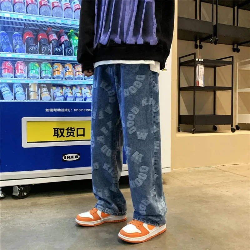 "LETTERS" Pantalon Jean Imprimé Coupe droite Ample Bleu - URB1™