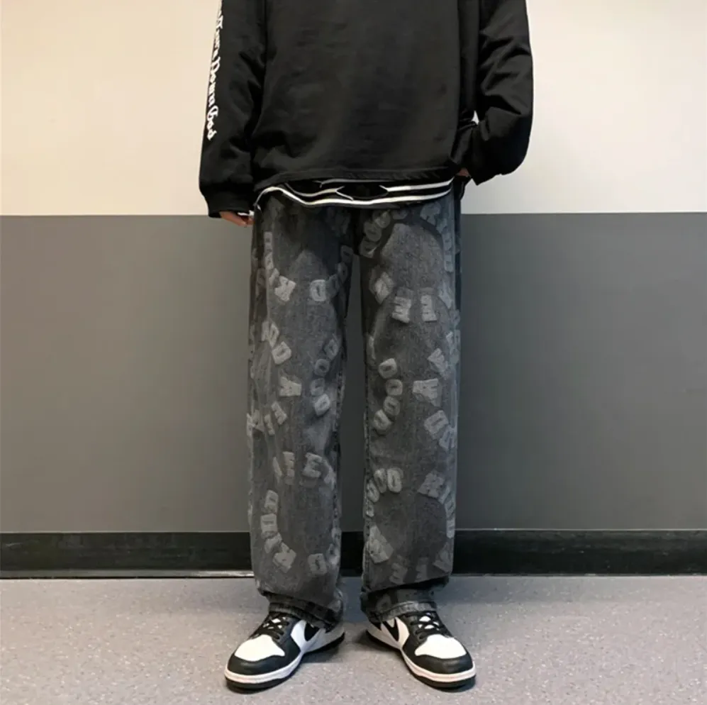 "LETTERS" Pantalon Jean Imprimé Coupe droite Ample Bleu - URB1™