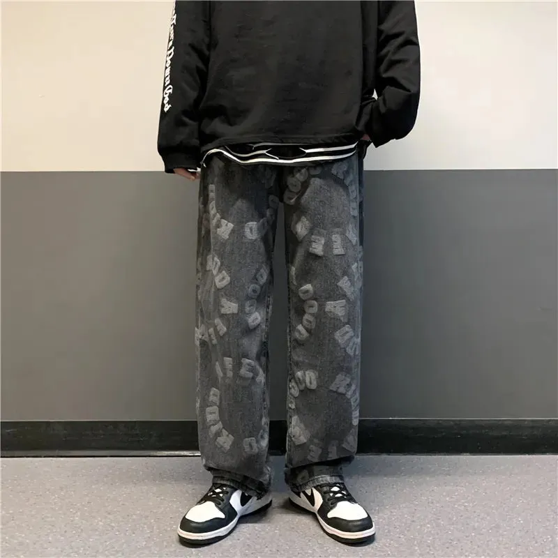 "LETTERS" Pantalon Jean Imprimé Coupe droite Ample Bleu - URB1™