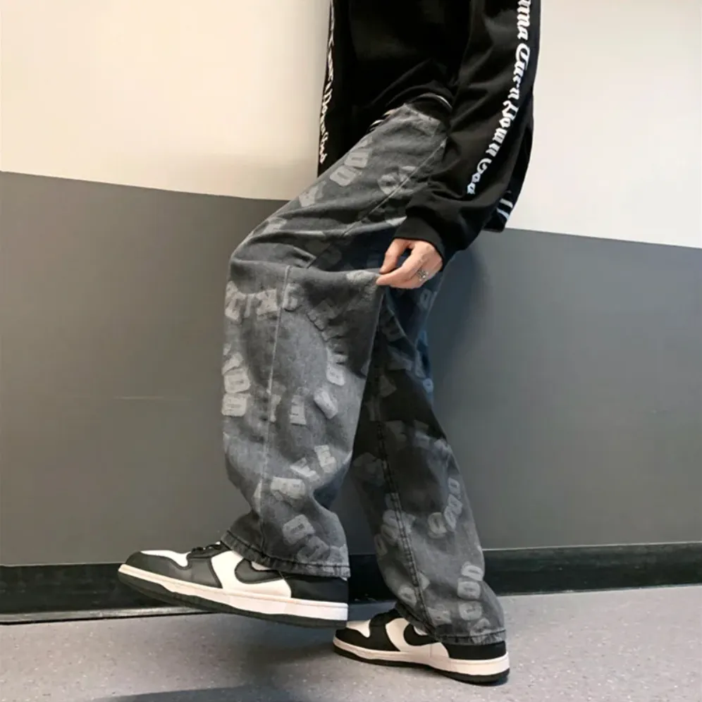 "LETTERS" Pantalon Jean Imprimé Coupe droite Ample Bleu - URB1™