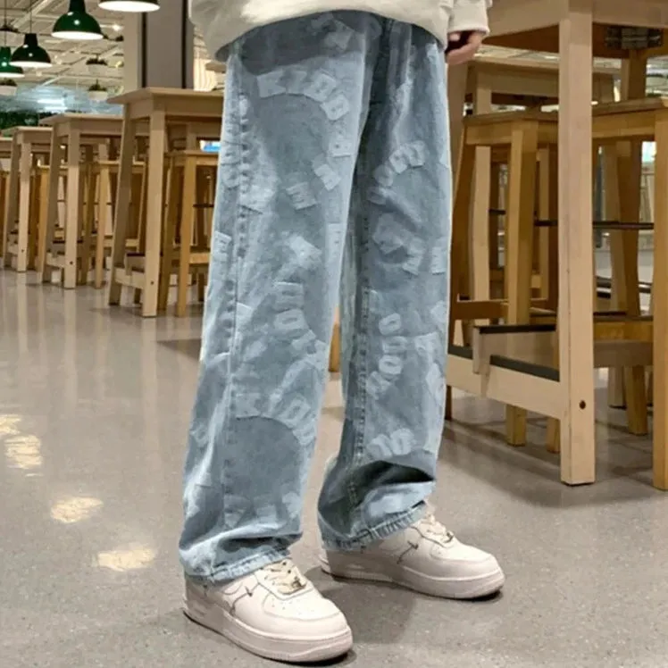 "LETTERS" Pantalon Jean Imprimé Coupe droite Ample Bleu - URB1™