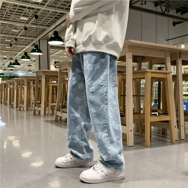 "LETTERS" Pantalon Jean Imprimé Coupe droite Ample Bleu - URB1™
