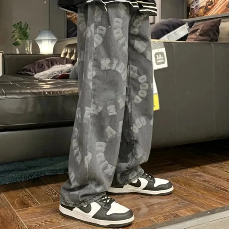 "LETTERS" Pantalon Jean Imprimé Coupe droite Ample Bleu - URB1™