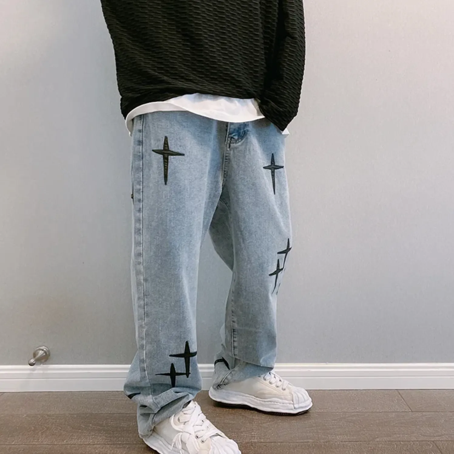 "STARS" Jean Baggy Loose Coupe droite Bleu Clair - URB1™
