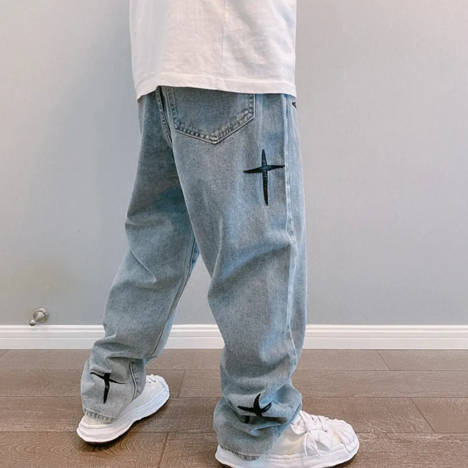 "STARS" Jean Baggy Loose Coupe droite Bleu Clair - URB1™