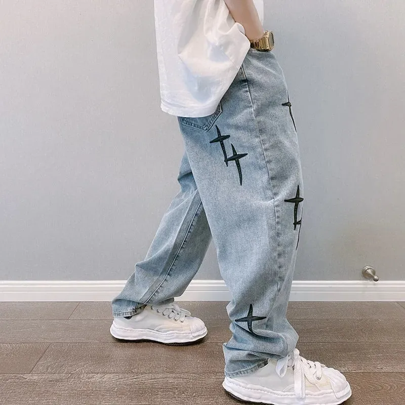 "STARS" Jean Baggy Loose Coupe droite Bleu Clair - URB1™