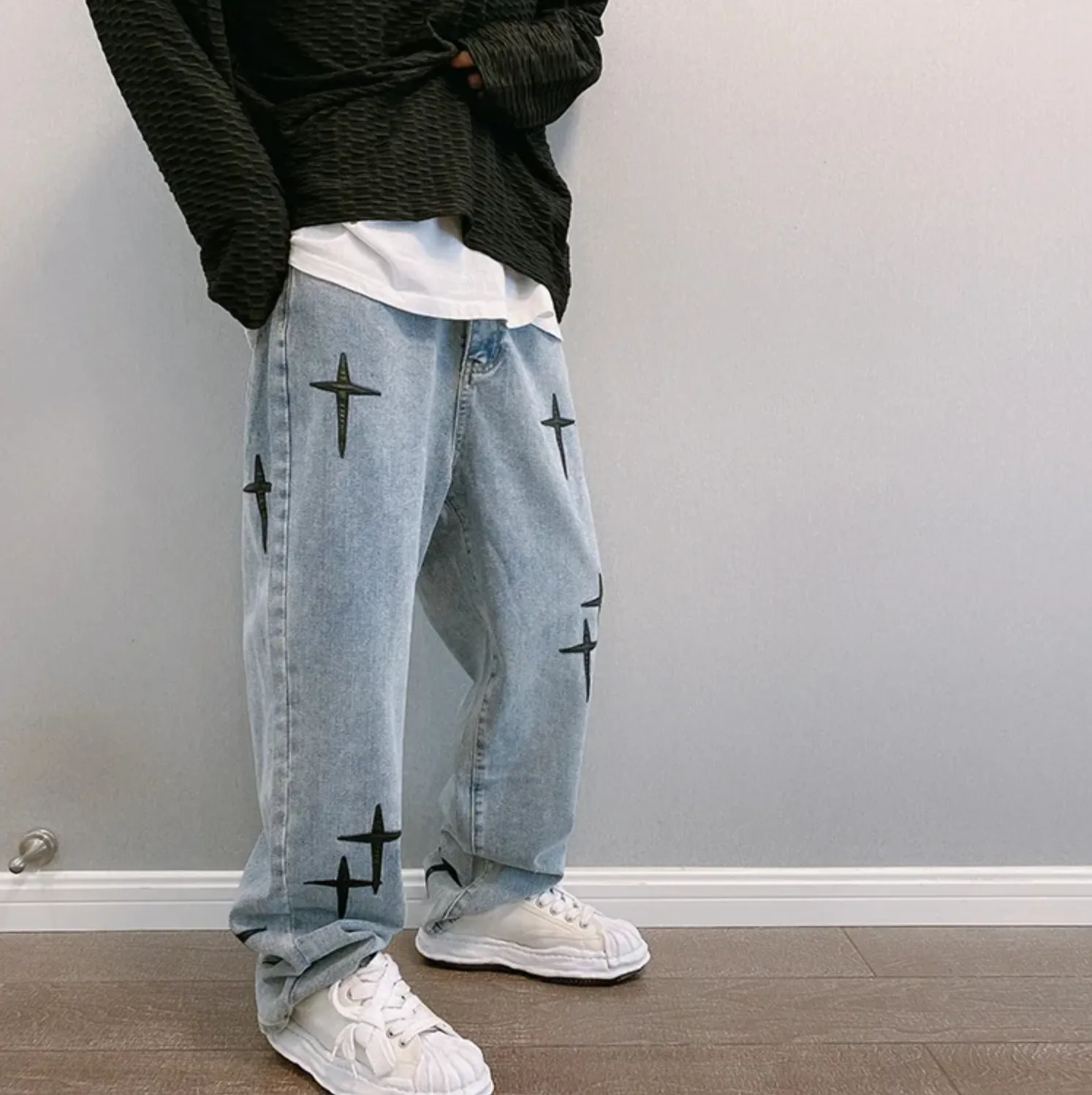 "STARS" Jean Baggy Loose Coupe droite Bleu Clair - URB1™