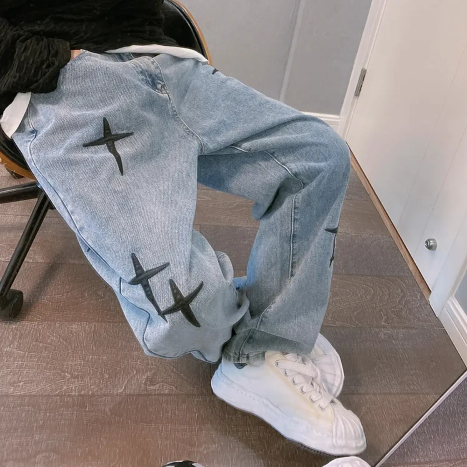"STARS" Jean Baggy Loose Coupe droite Bleu Clair - URB1™