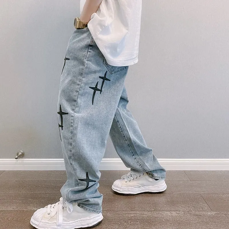"STARS" Jean Baggy Loose Coupe droite Bleu Clair - URB1™