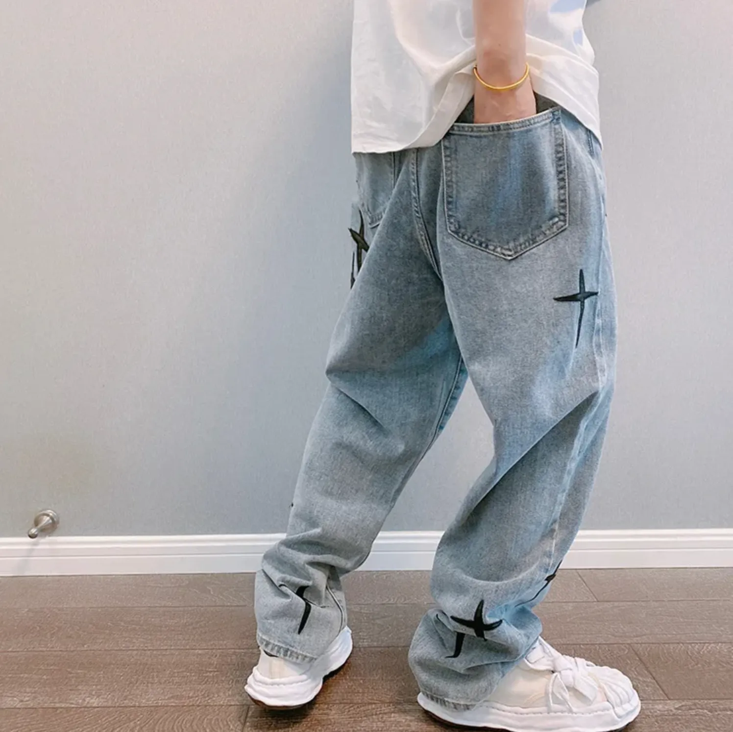 "STARS" Jean Baggy Loose Coupe droite Bleu Clair - URB1™