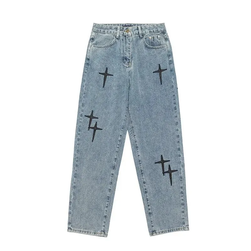 "STARS" Jean Baggy Loose Coupe droite Bleu Clair - URB1™
