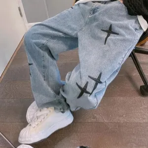 "STARS" Jean Baggy Loose Coupe droite Bleu Clair - URB1™