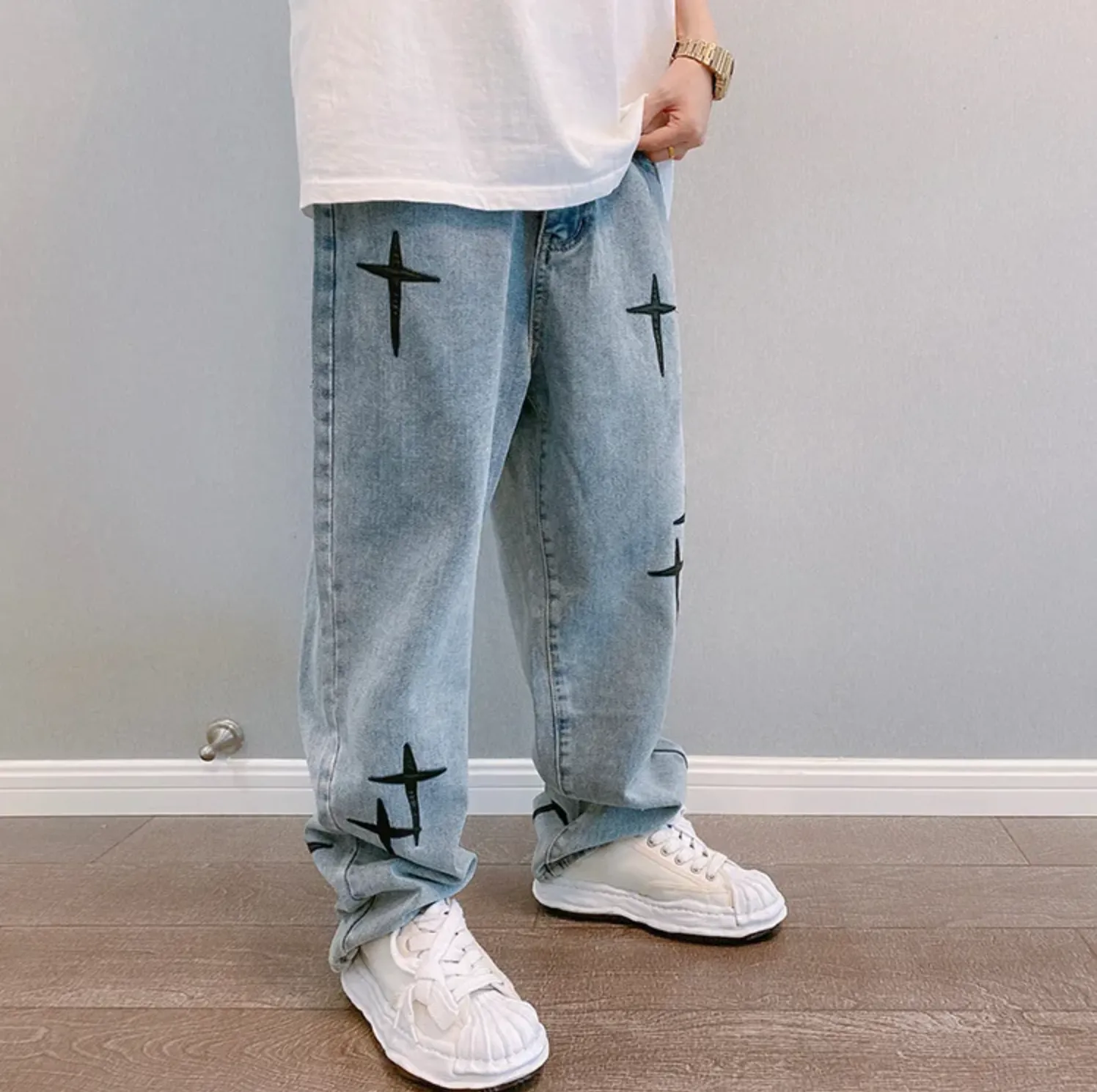 "STARS" Jean Baggy Loose Coupe droite Bleu Clair - URB1™