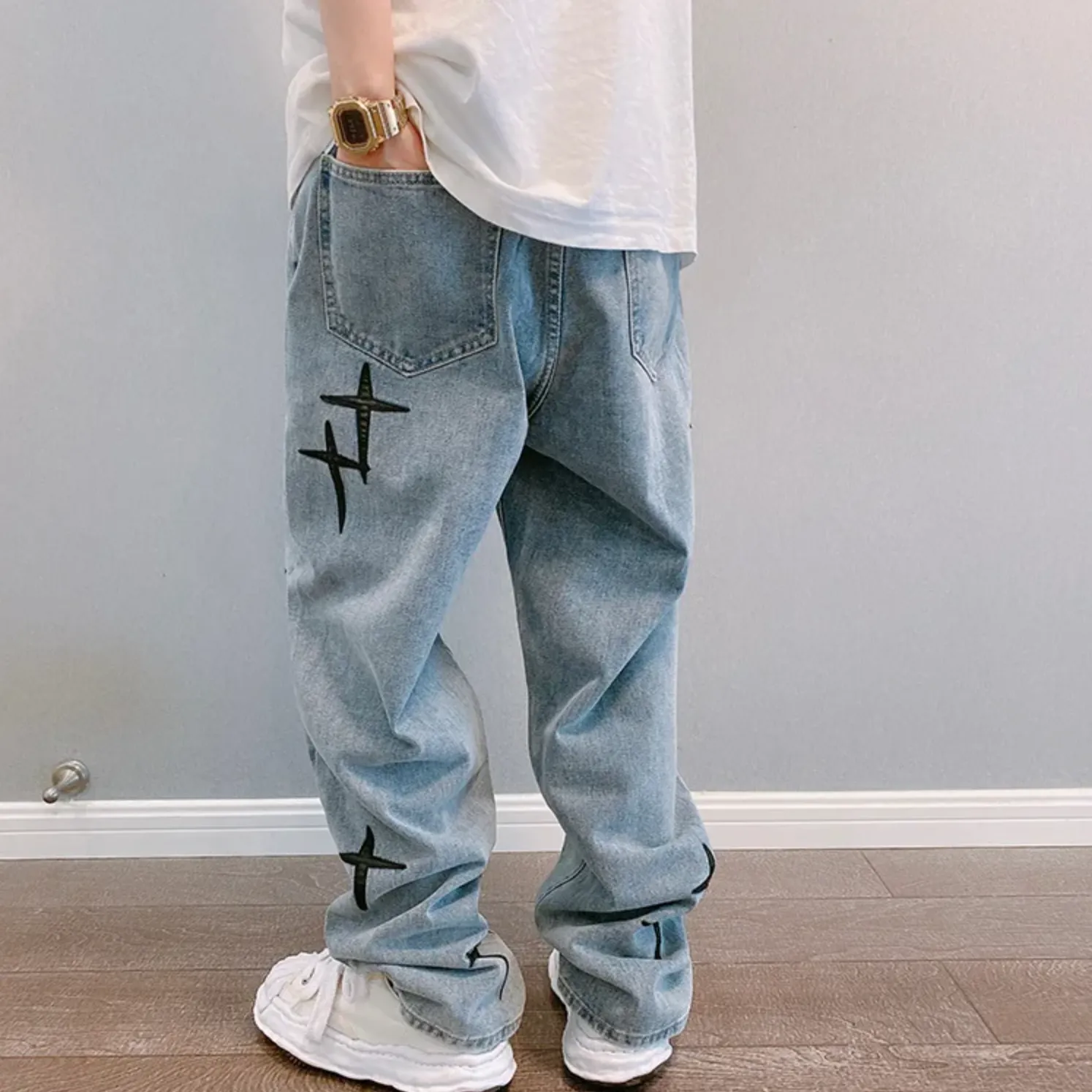 "STARS" Jean Baggy Loose Coupe droite Bleu Clair - URB1™