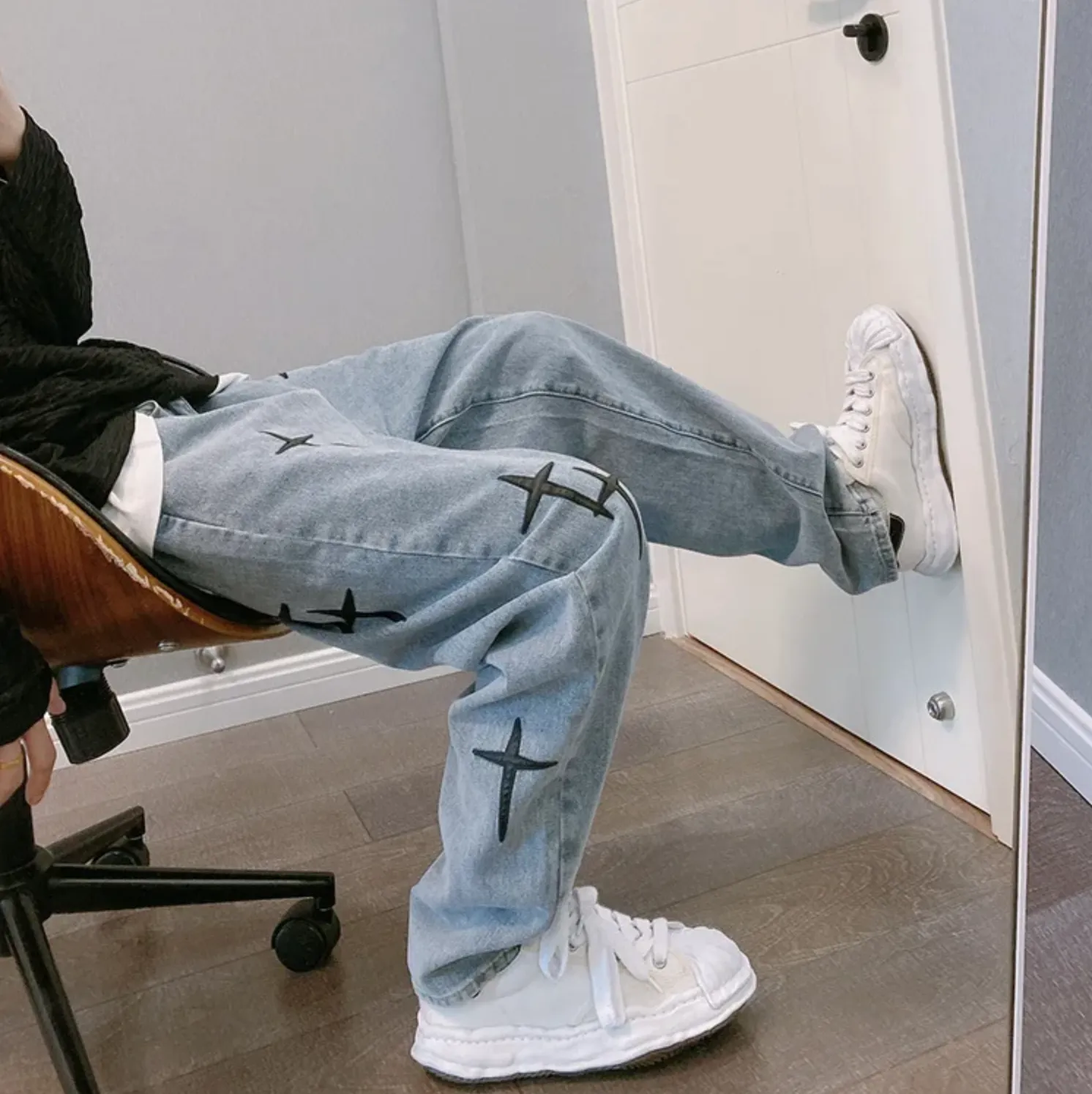 "STARS" Jean Baggy Loose Coupe droite Bleu Clair - URB1™