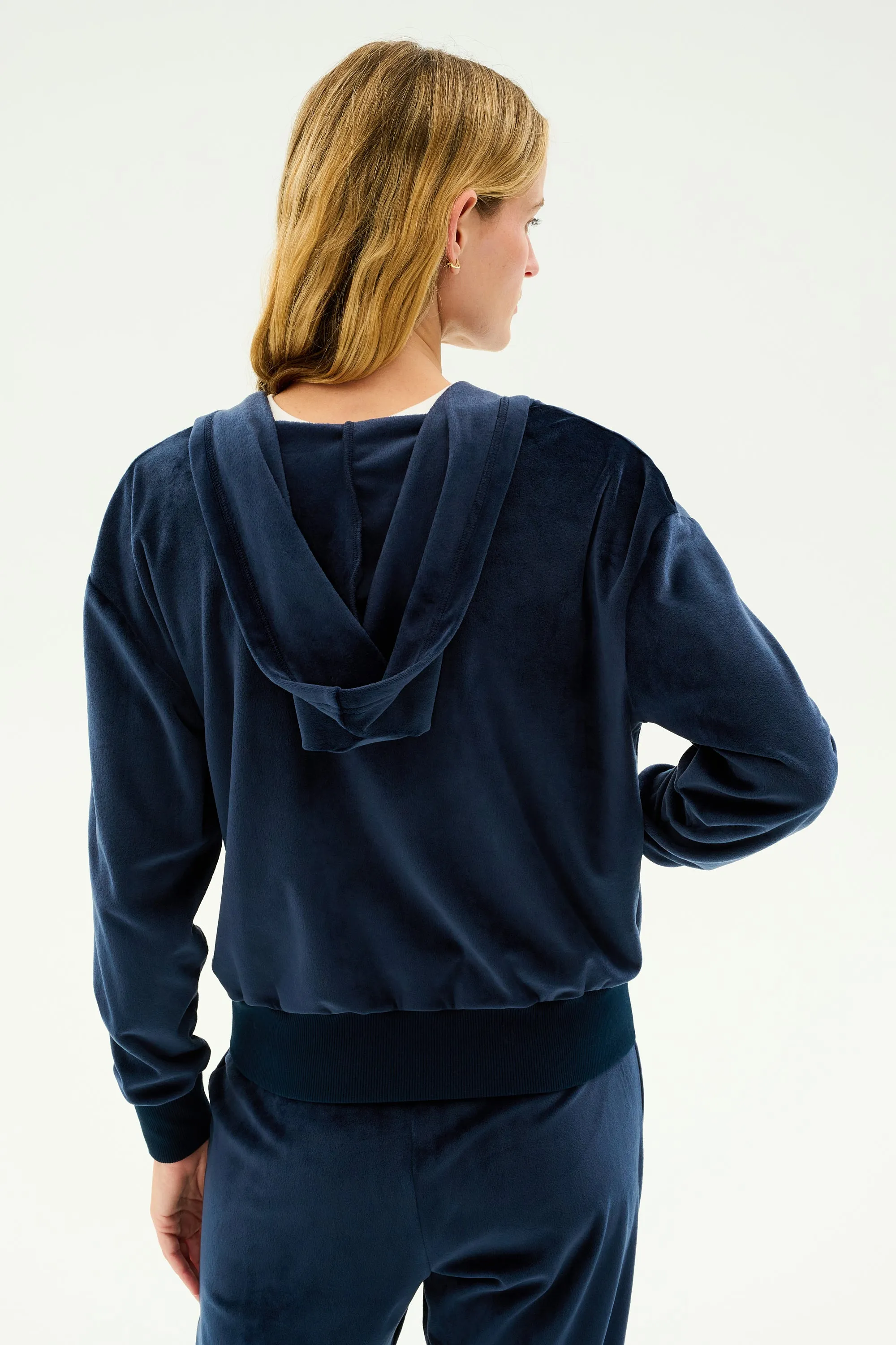 Rhys Velour Zip Up Hoodie - Indigo