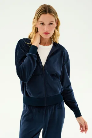 Rhys Velour Zip Up Hoodie - Indigo
