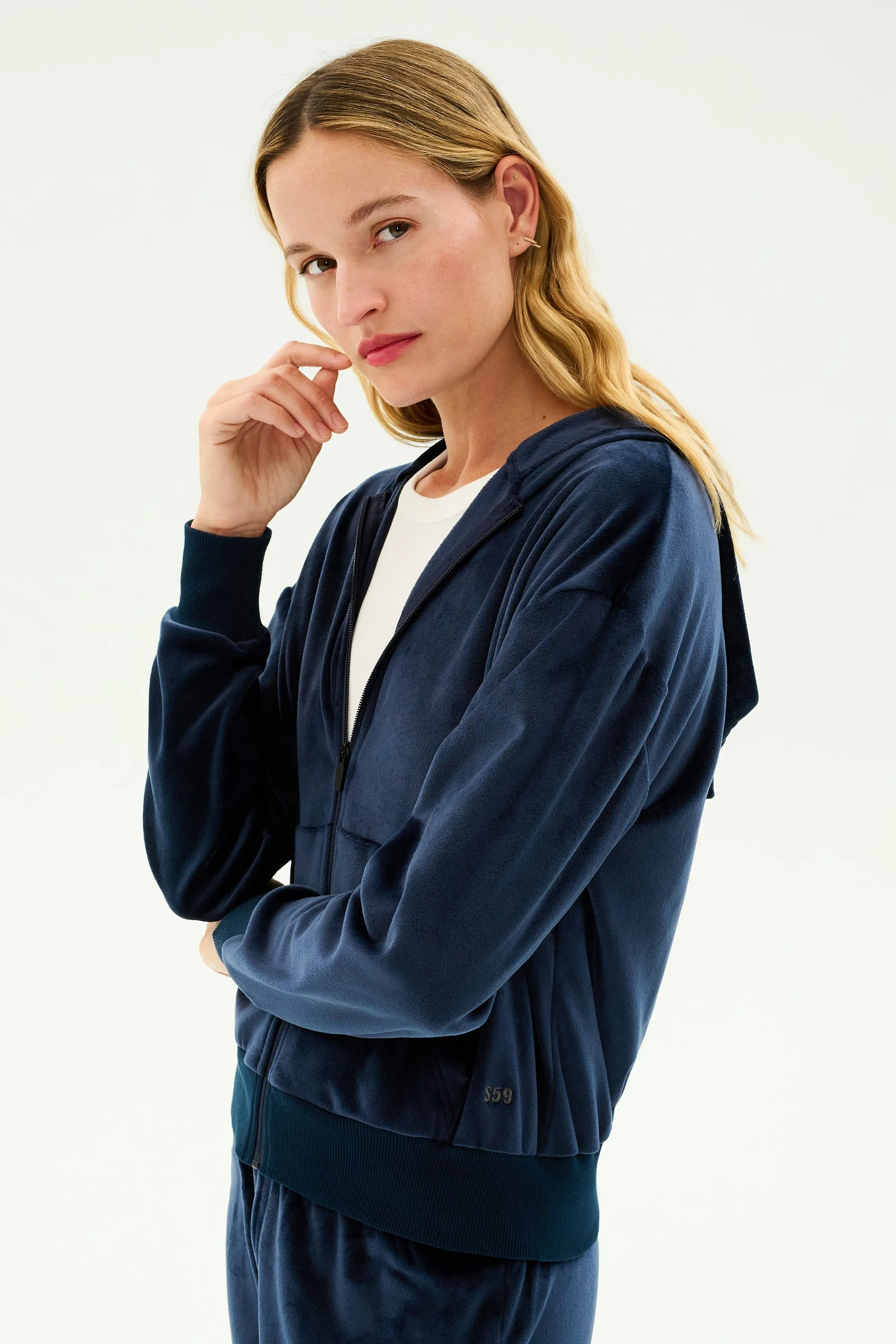 Rhys Velour Zip Up Hoodie - Indigo