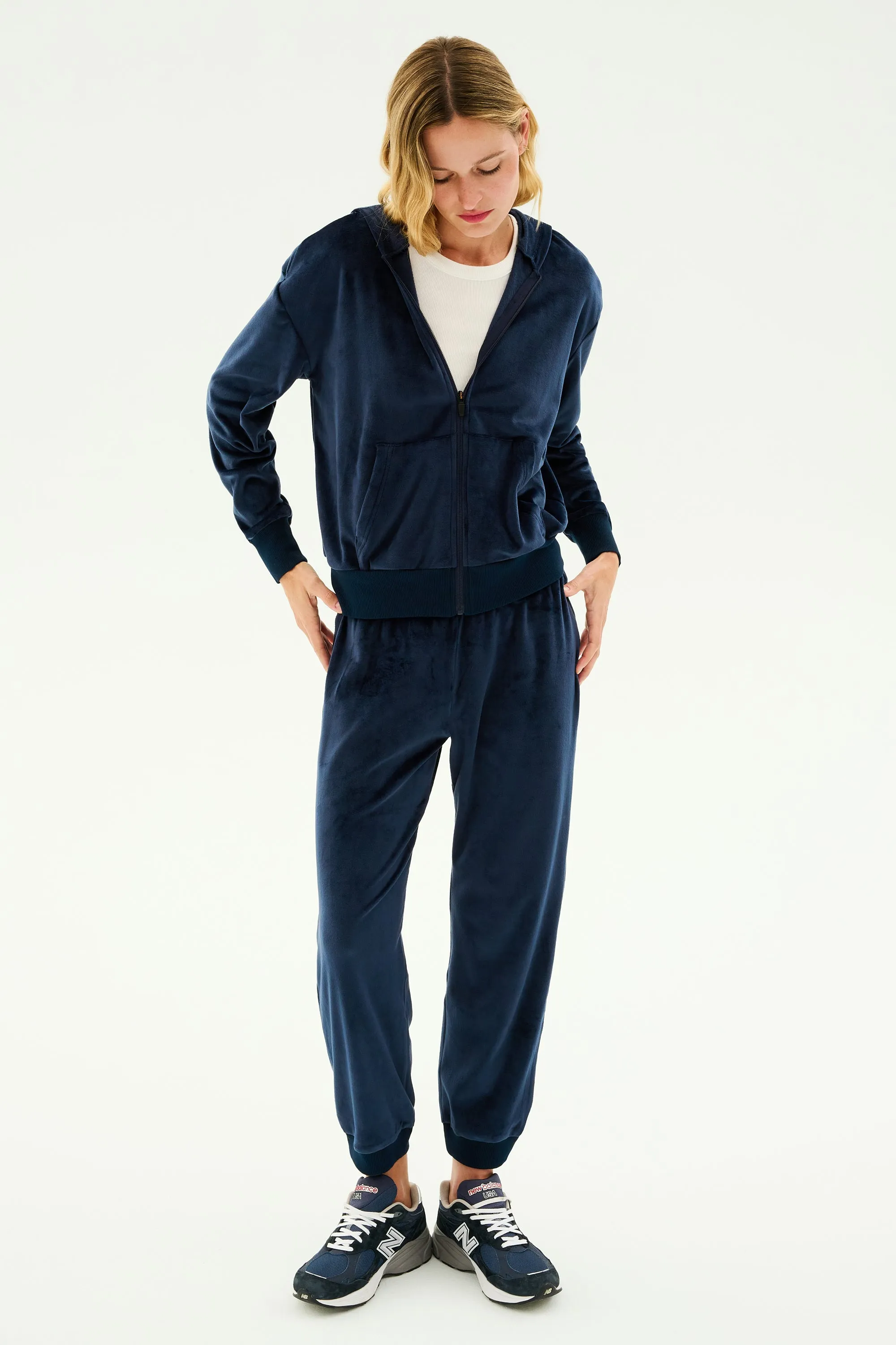 Rhys Velour Zip Up Hoodie - Indigo