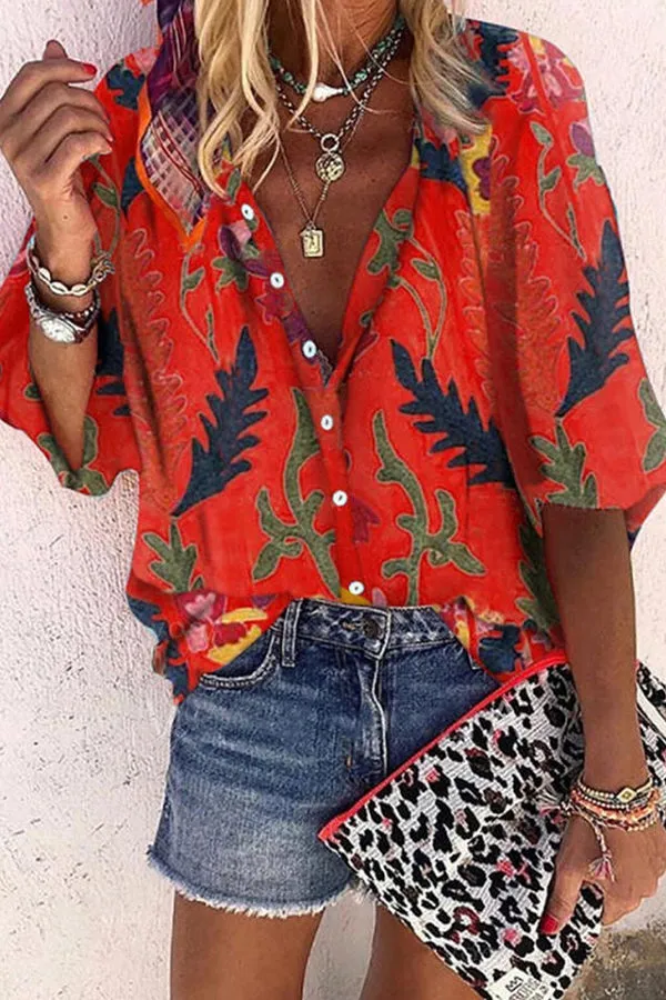 Tropical Print Loose-Fit V-Neck Shirt