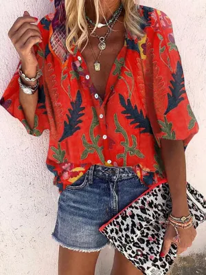 Tropical Print Loose-Fit V-Neck Shirt