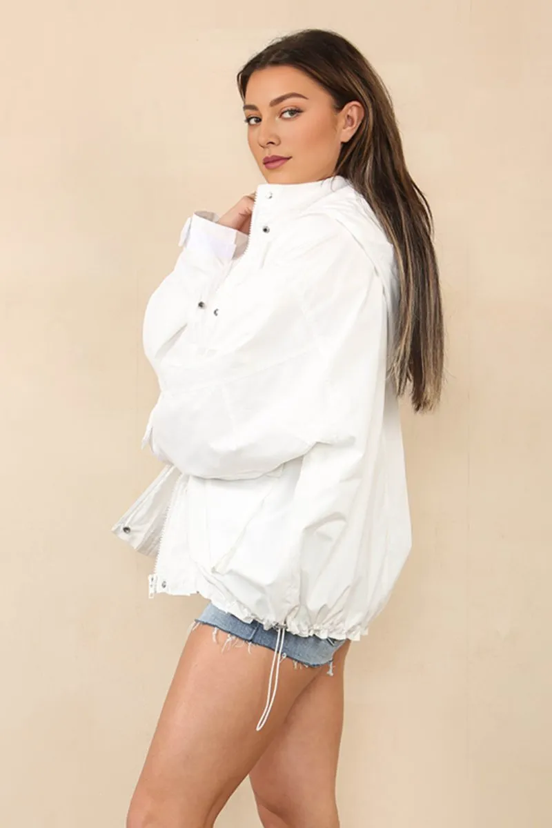 White Street Drawstring Hood Stand Collar Flap Pocket Trench Coat