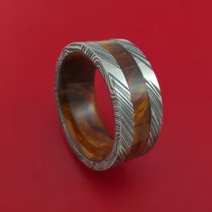 Wide Kuro Damascus Steel Ring with Hardwood Inlay and Interior Hardwood Sleeve Custom Made Band