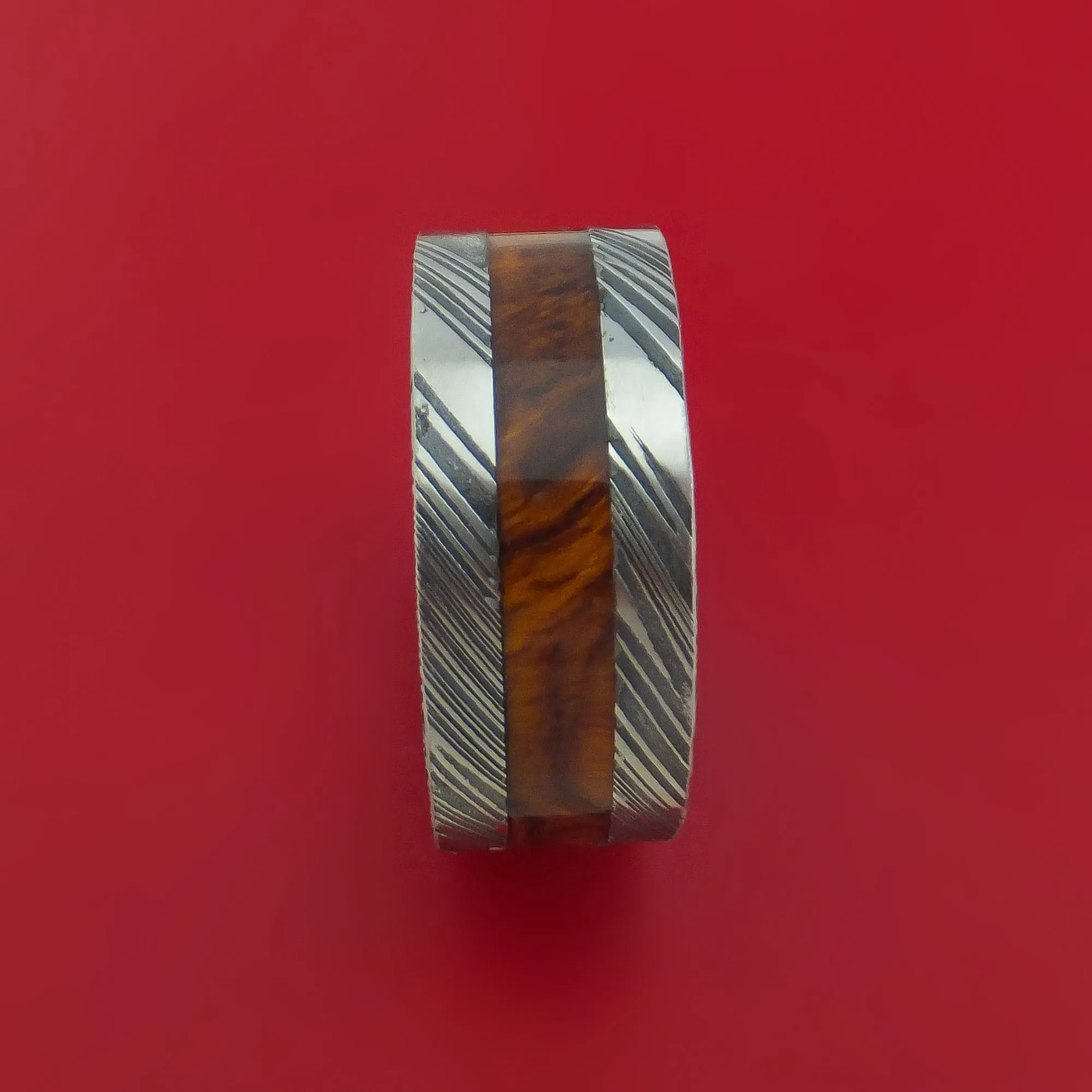 Wide Kuro Damascus Steel Ring with Hardwood Inlay and Interior Hardwood Sleeve Custom Made Band
