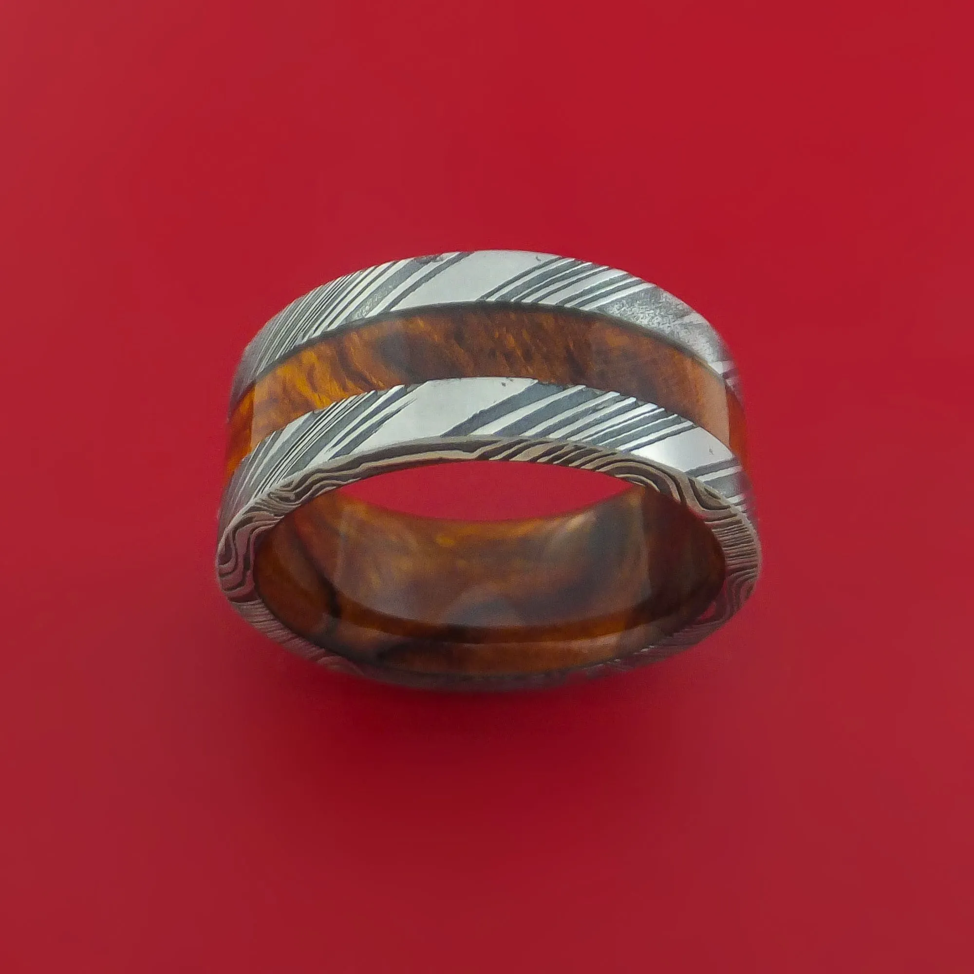 Wide Kuro Damascus Steel Ring with Hardwood Inlay and Interior Hardwood Sleeve Custom Made Band