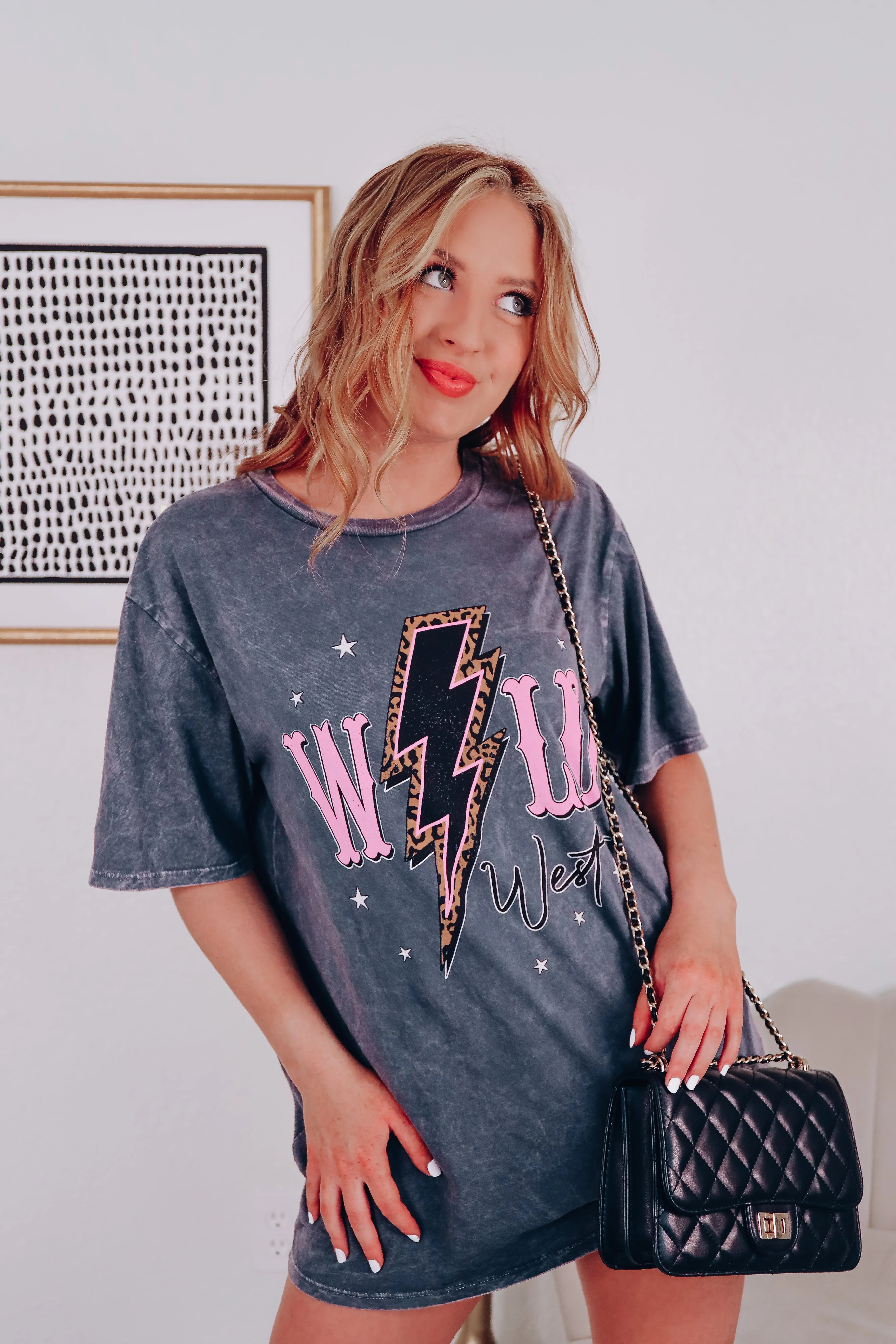 Wild West Lightning Bolt Oversized Graphic Tee - Charcoal