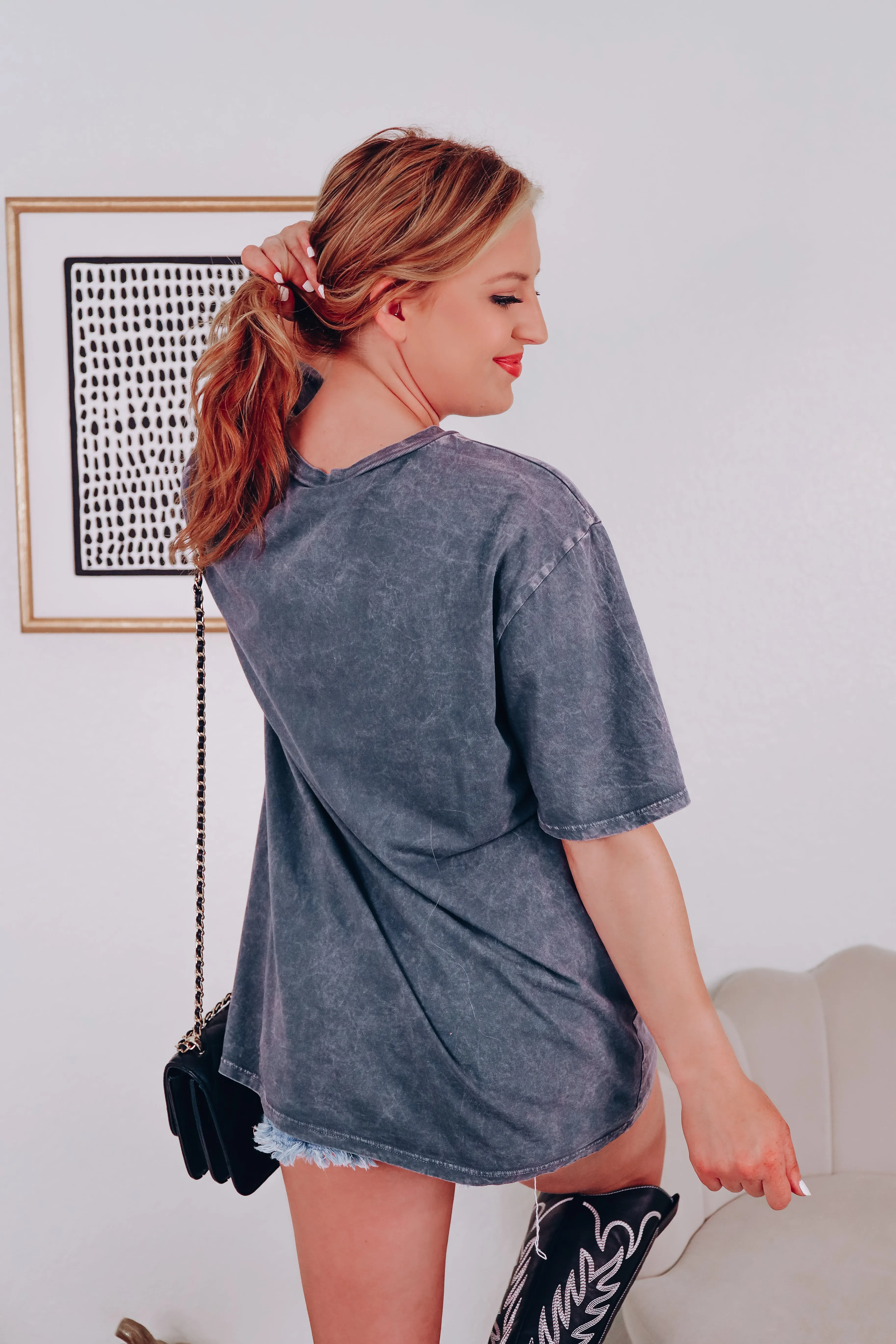 Wild West Lightning Bolt Oversized Graphic Tee - Charcoal