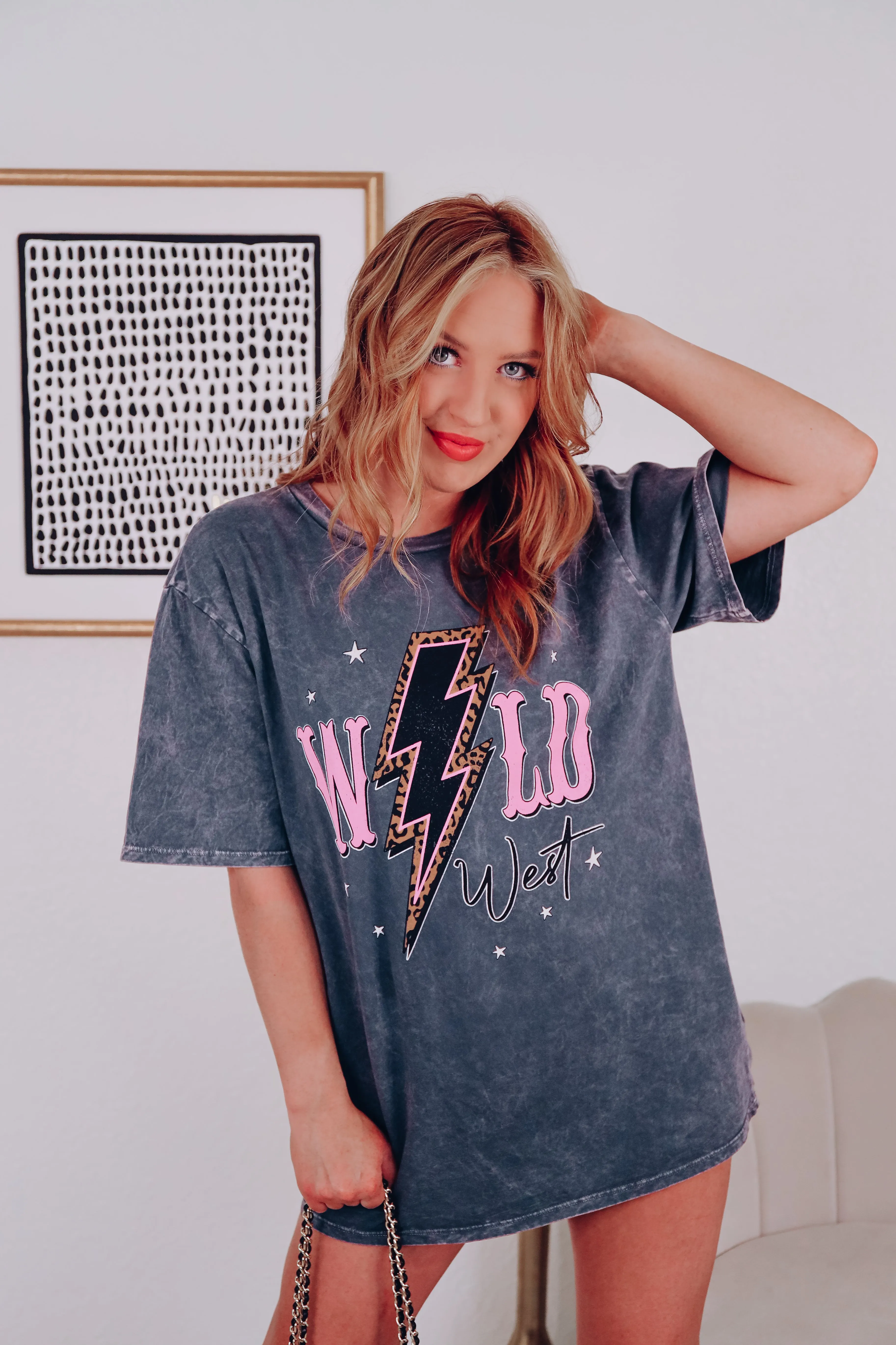 Wild West Lightning Bolt Oversized Graphic Tee - Charcoal