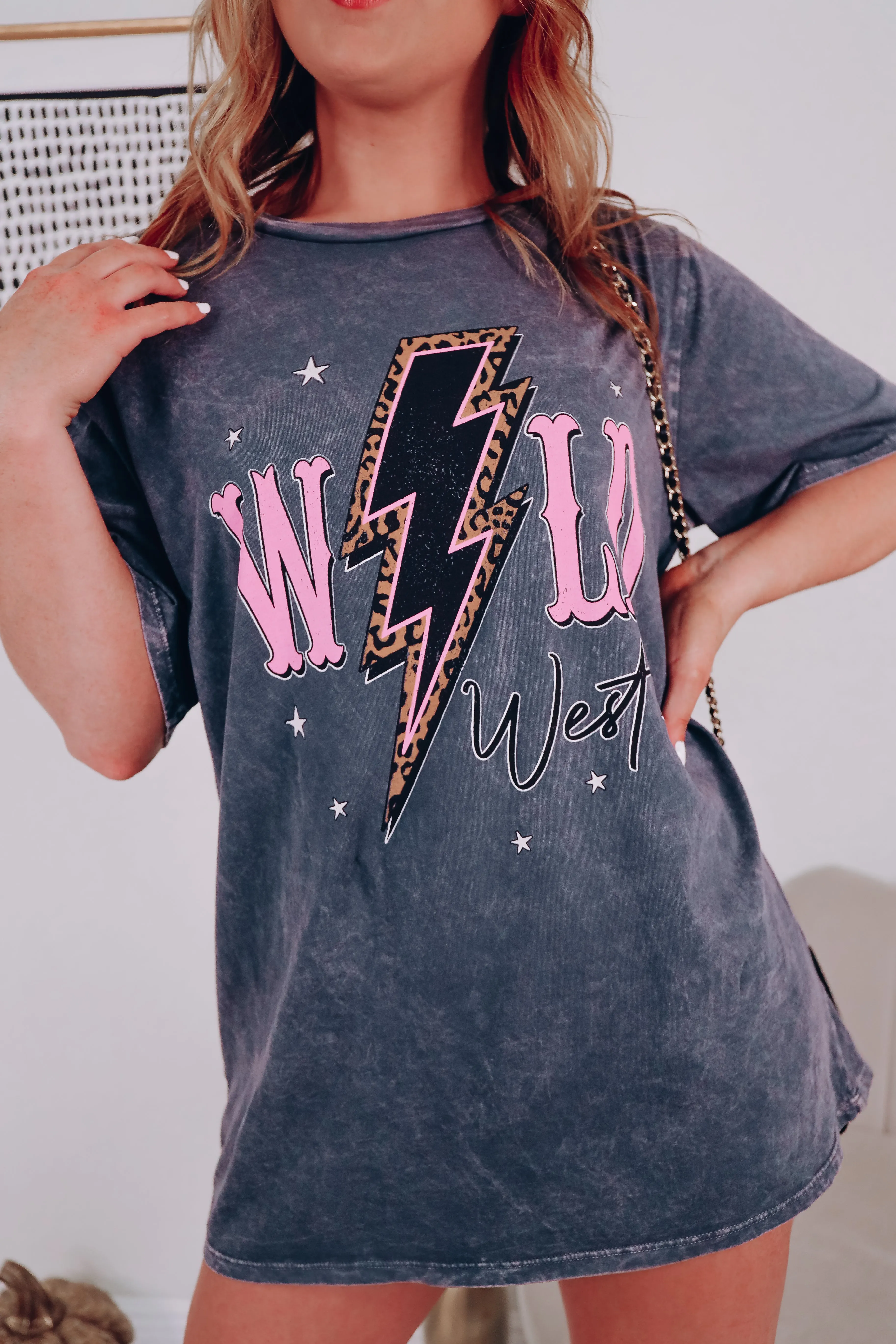 Wild West Lightning Bolt Oversized Graphic Tee - Charcoal