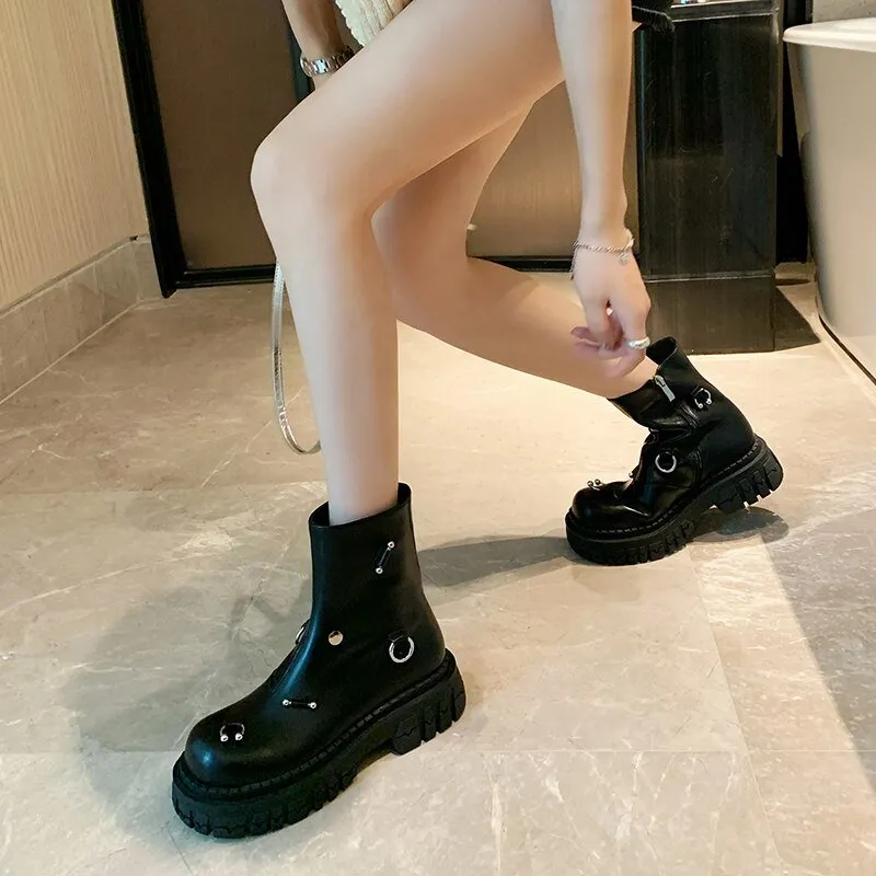 Women cowhide modern boots metal ring platform boots side zip