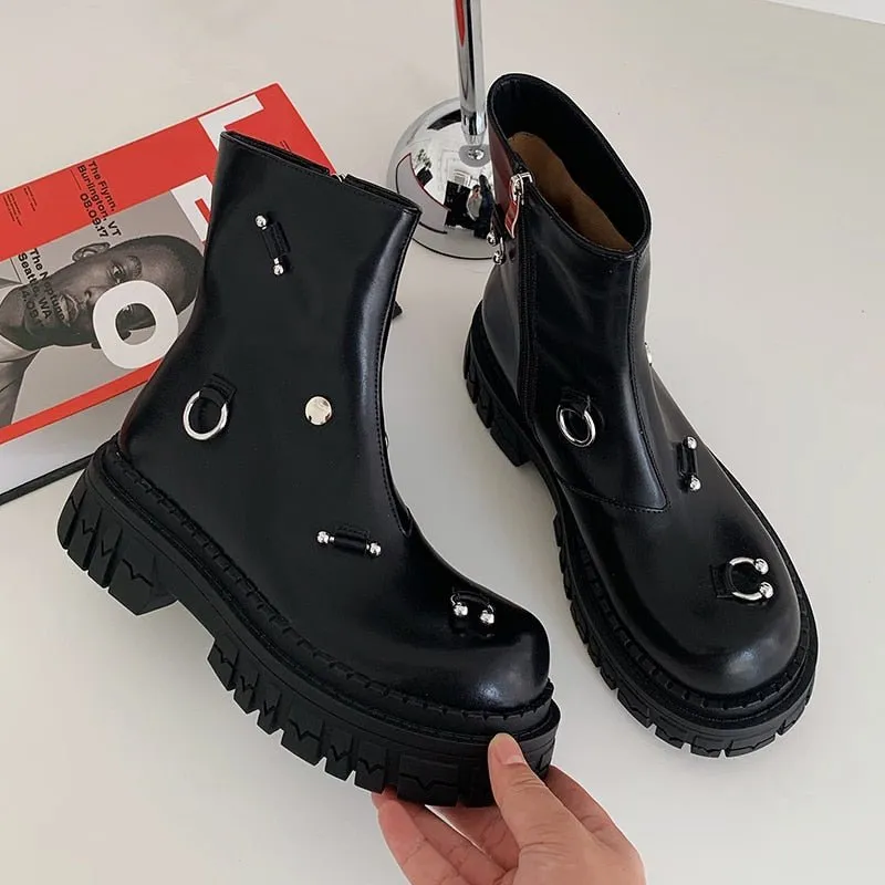 Women cowhide modern boots metal ring platform boots side zip