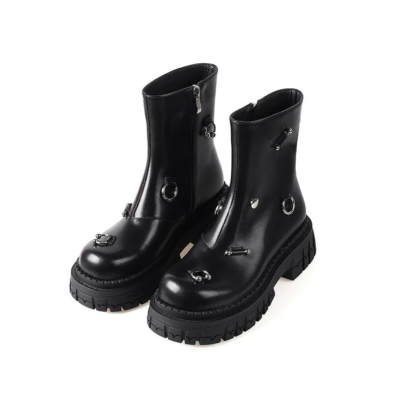 Women cowhide modern boots metal ring platform boots side zip