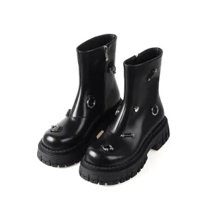 Women cowhide modern boots metal ring platform boots side zip