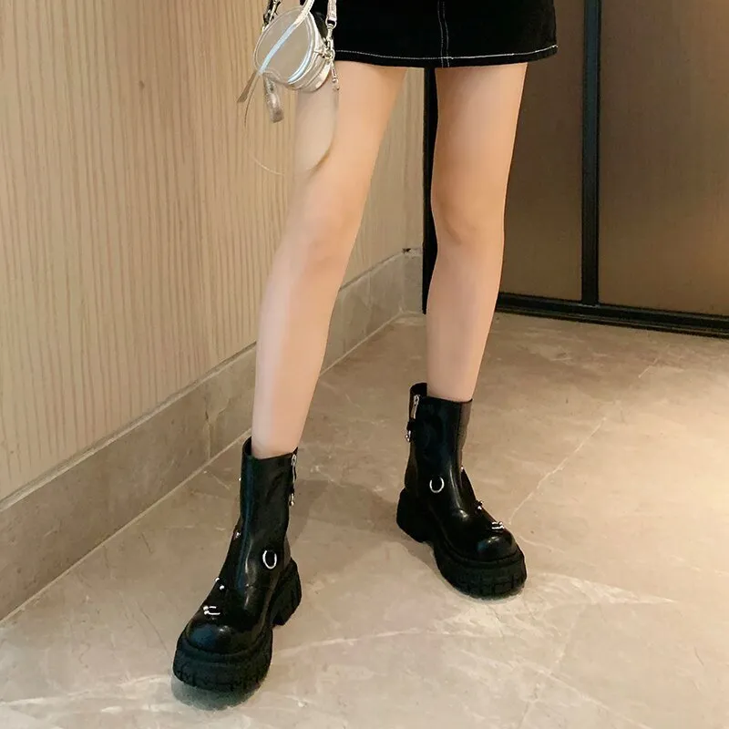 Women cowhide modern boots metal ring platform boots side zip