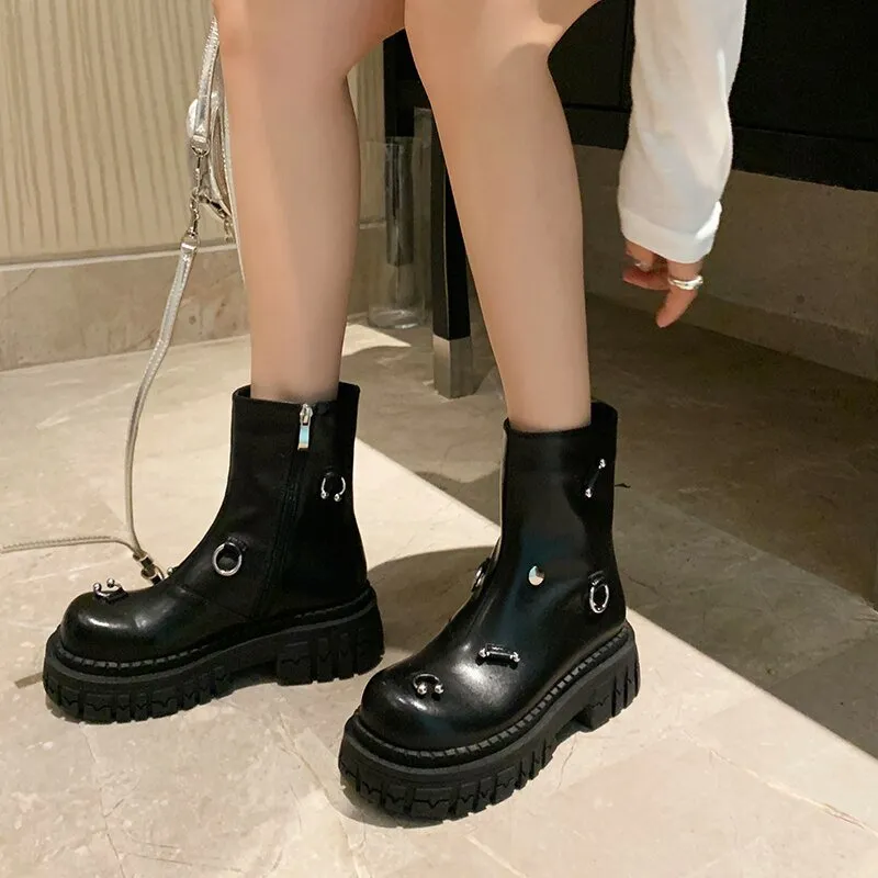 Women cowhide modern boots metal ring platform boots side zip