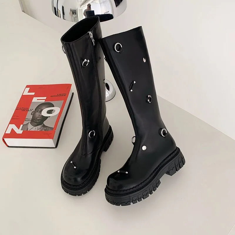 Women knee-high boots natural leather cowhide metal ring platform boots