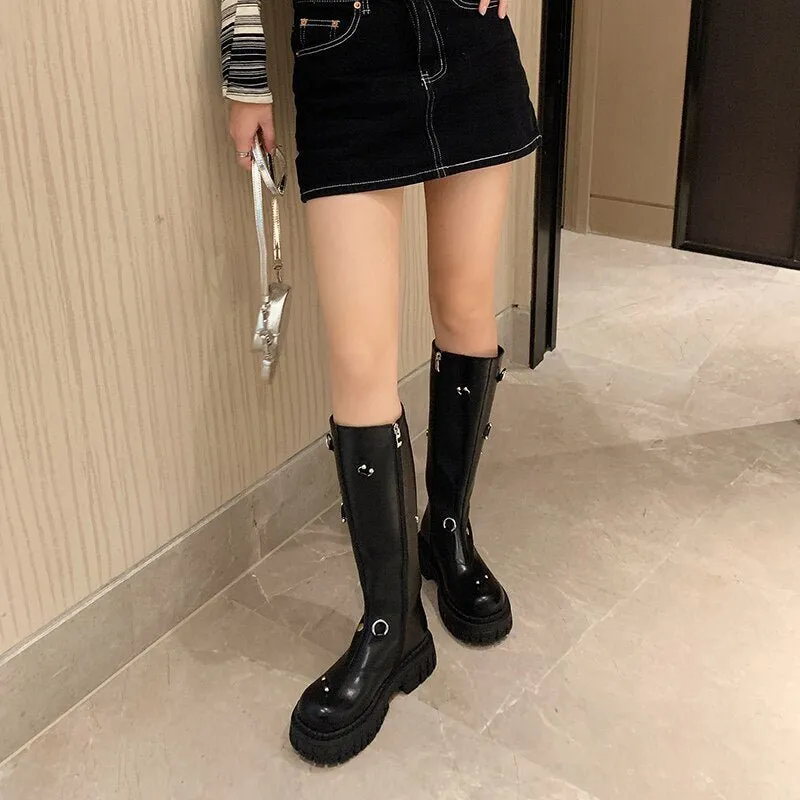 Women knee-high boots natural leather cowhide metal ring platform boots