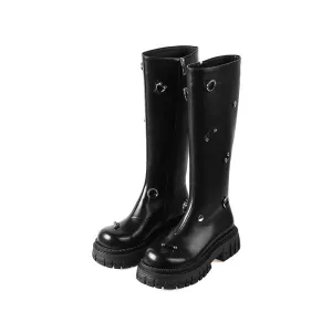Women knee-high boots natural leather cowhide metal ring platform boots