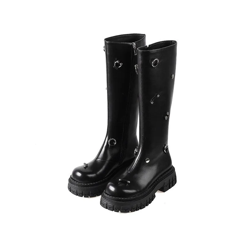 Women knee-high boots natural leather cowhide metal ring platform boots
