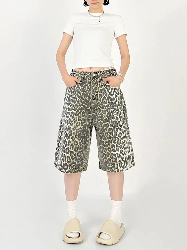 Women Leopard Print Jean Shorts High Waist Vintage Straight Pants Streetwear Y2K Wide Leg Denim Trouser