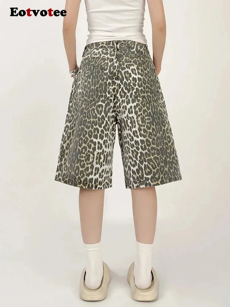 Women Leopard Print Jean Shorts High Waist Vintage Straight Pants Streetwear Y2K Wide Leg Denim Trouser