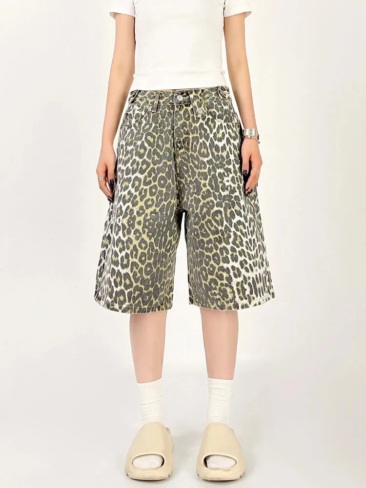 Women Leopard Print Jean Shorts High Waist Vintage Straight Pants Streetwear Y2K Wide Leg Denim Trouser