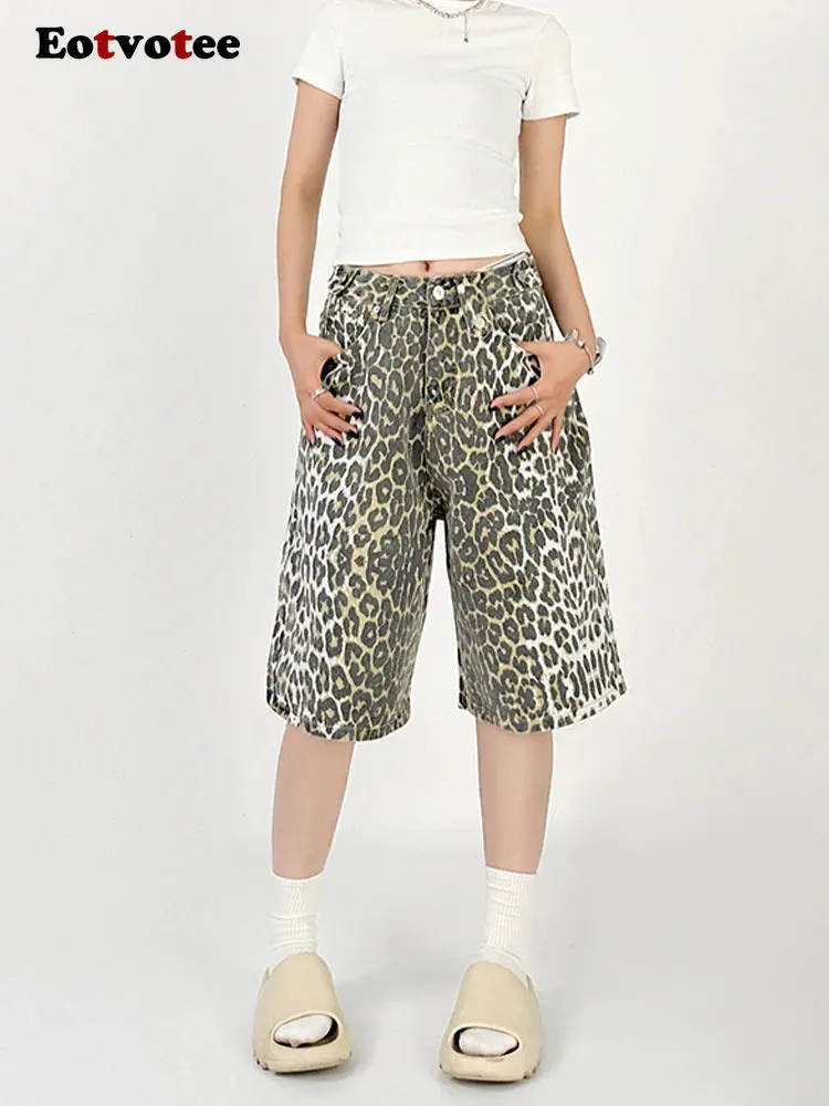 Women Leopard Print Jean Shorts High Waist Vintage Straight Pants Streetwear Y2K Wide Leg Denim Trouser