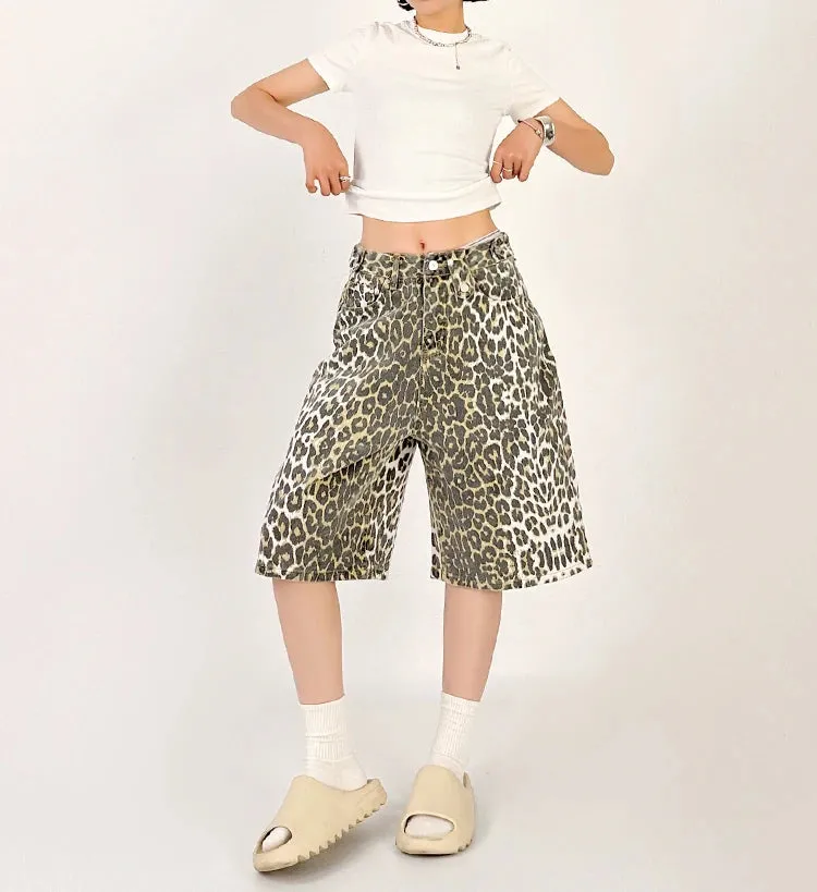 Women Leopard Print Jean Shorts High Waist Vintage Straight Pants Streetwear Y2K Wide Leg Denim Trouser
